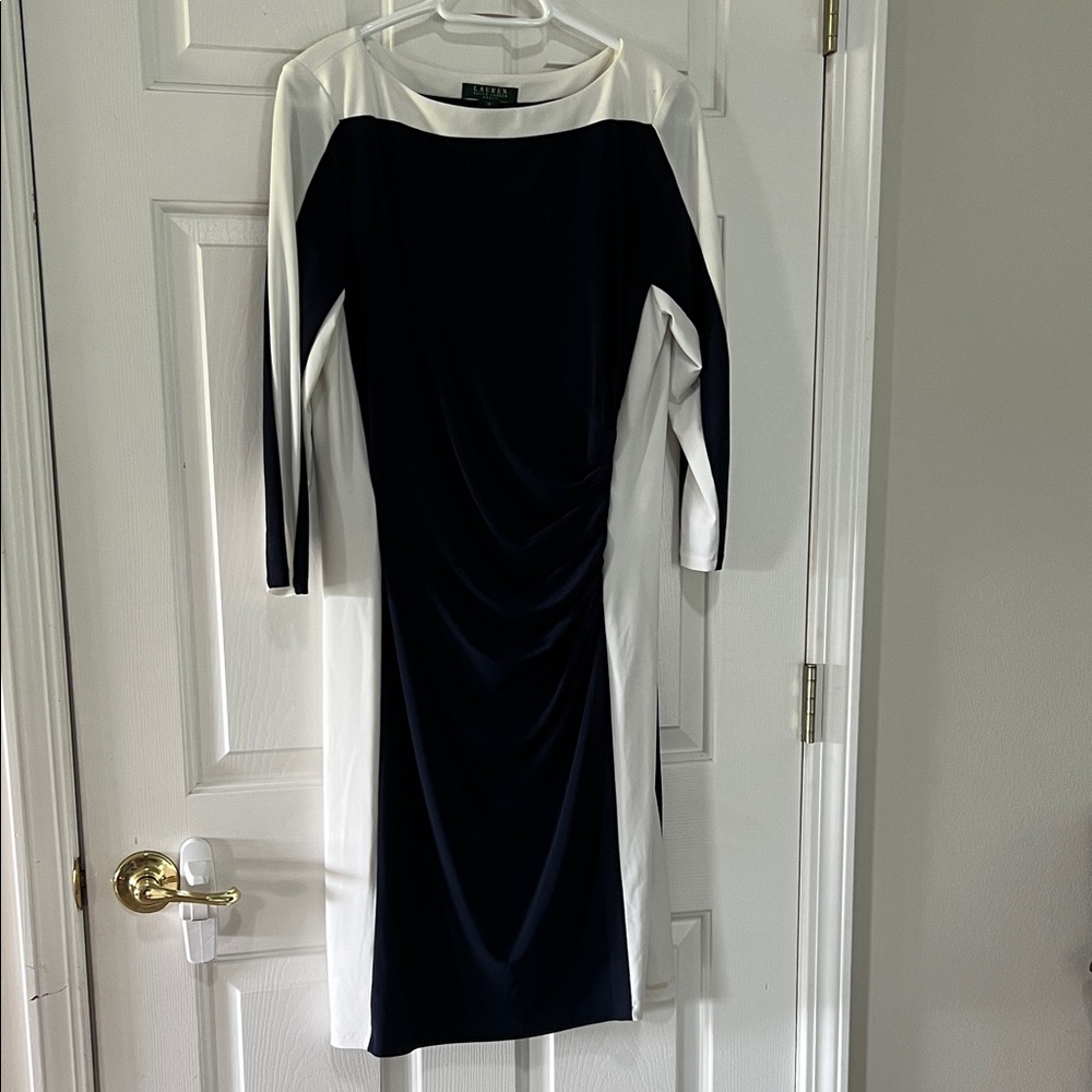 Ralph Lauren Navy and Off-White Long Sleeve Dress